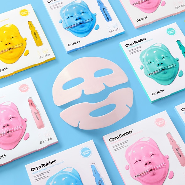 A variety of Dr.Jart+ skincare Cryo rubber face mask laid out on a light blue background