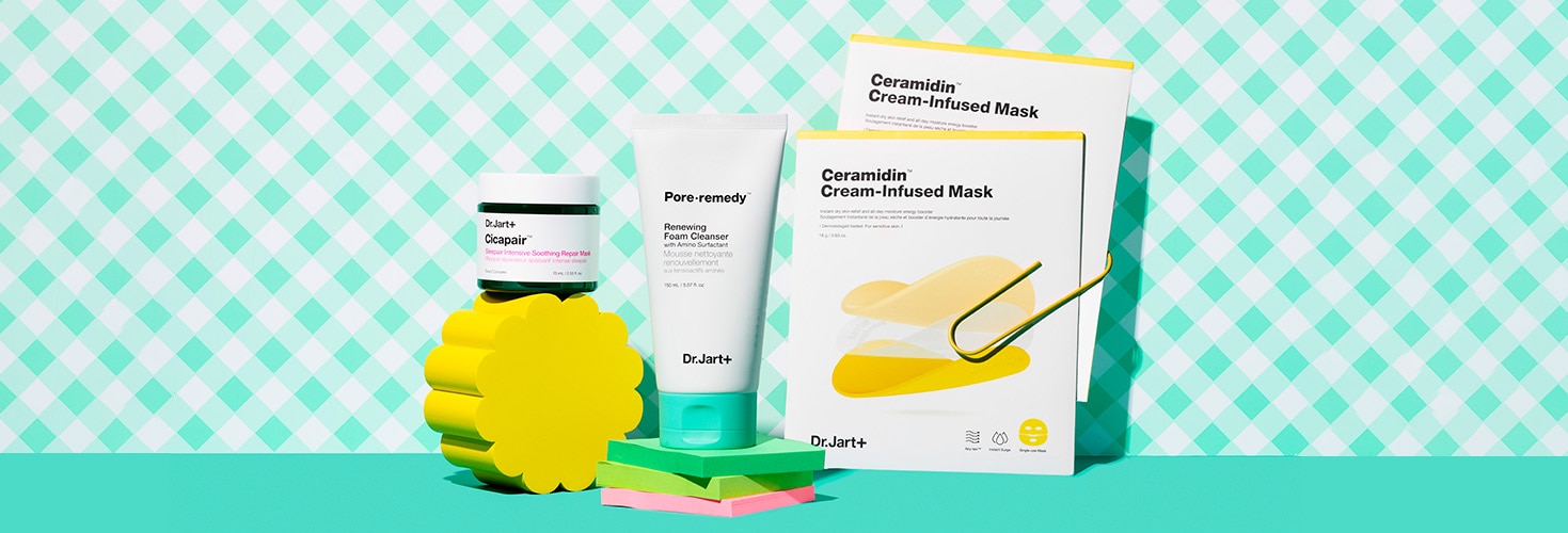 Dr.Jart+ Sleepair Night Mask, Pore Remedy Cleanser & Ceramidin Cream Infused Sheet Masks shown on a bright, colored background