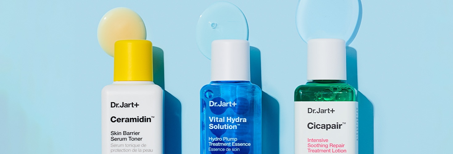 Dr.Jart+'s three bestselling toners displayed with dollops of the smooth, liquid texture of each, showcasing the liquid formulas