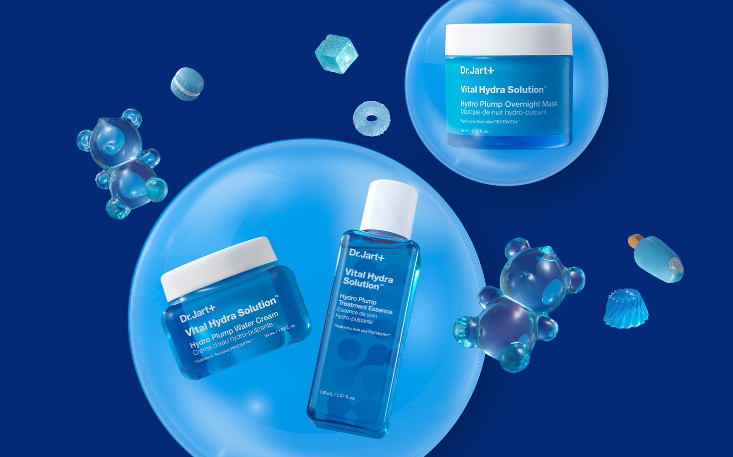 Vital Hydra Solution Collection of products for glowing skin floats among bubbles and blue jelly bears