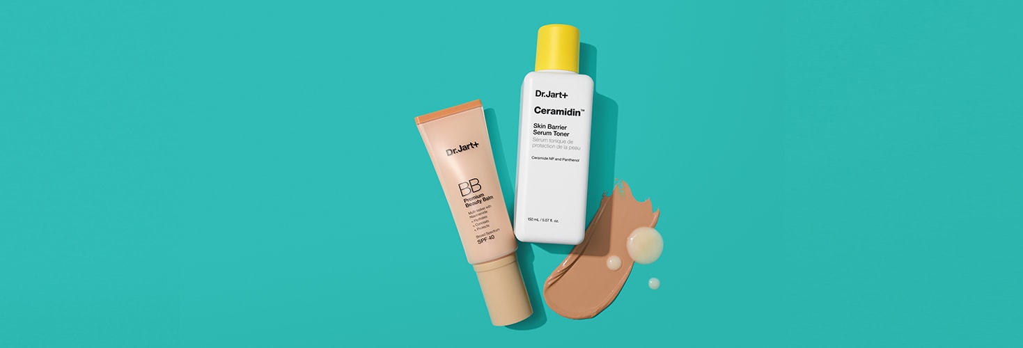 Dr. Jart+ skincare products for smooth looking skin are displayed on teal background with textures visible. 