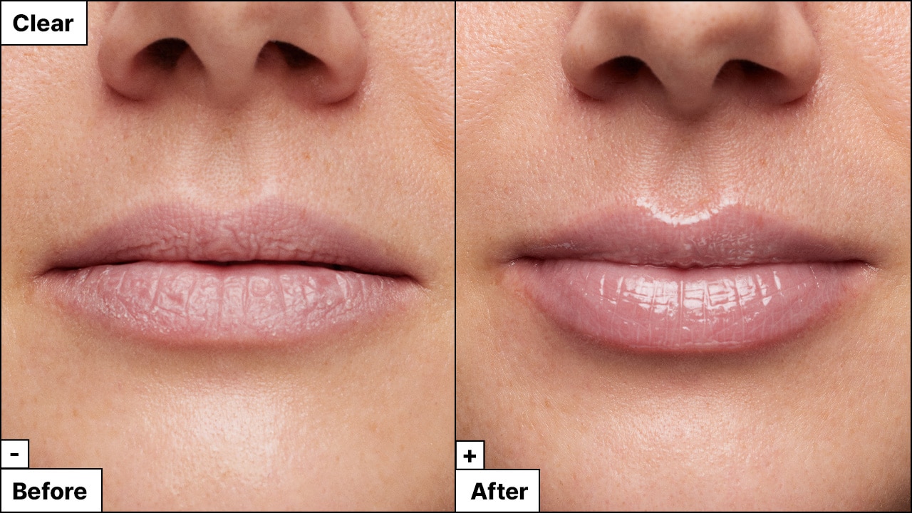 Image of model's lips shows transformative impact of applying the lip mask, revealing dry lips before and plump, shiny after