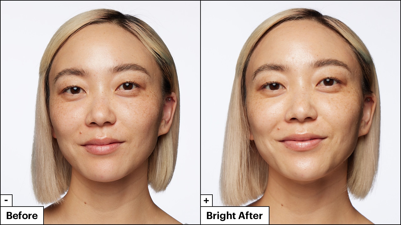 A woman reveals brighter, glowing skin in her before and after photos when using Dr.Jart+'s Vitamin C skincare mask. 