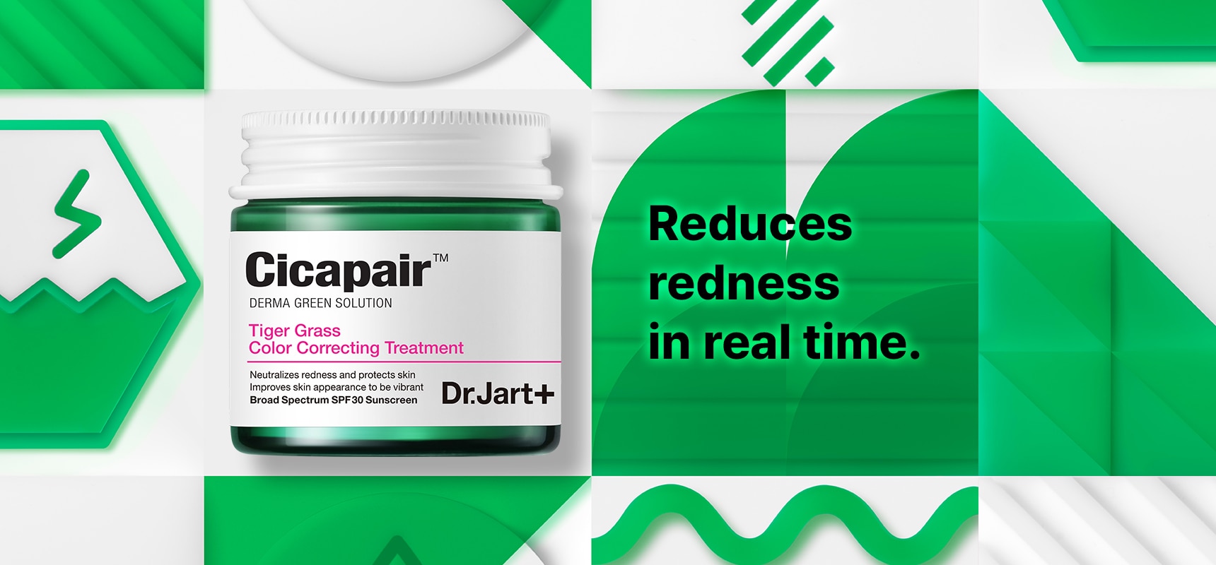 Jar of Cicapair Color Corrector on bright green background. Reduces redness in real time.