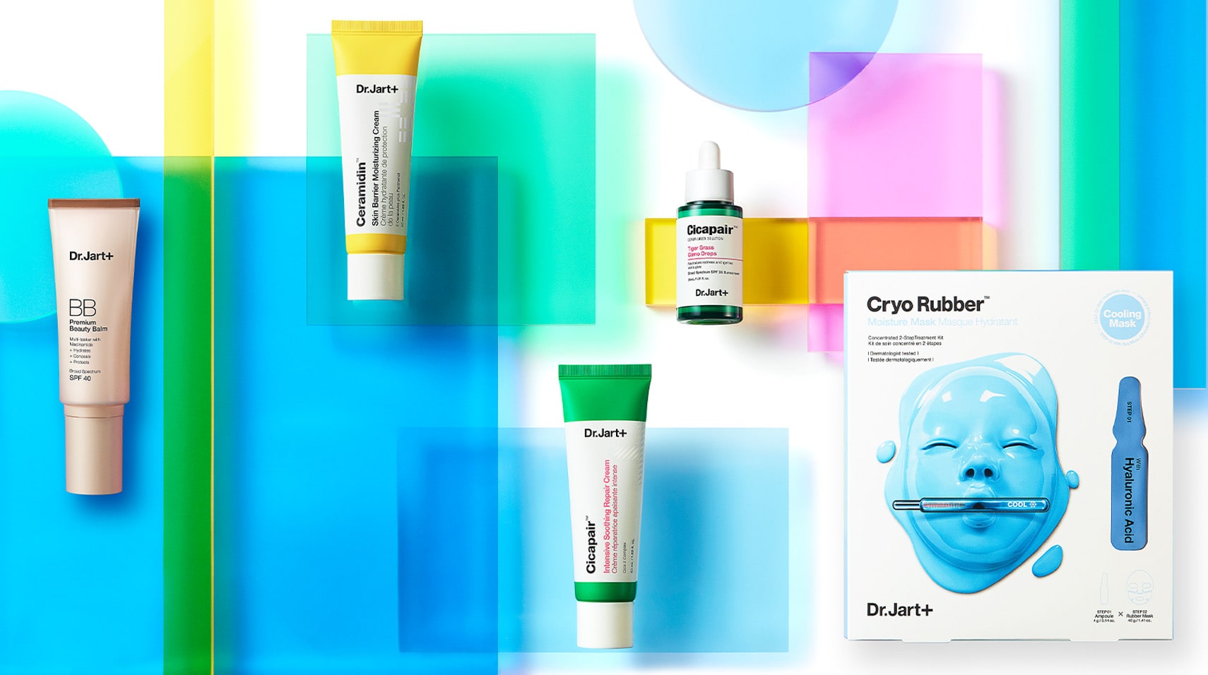 Dr. Jart bestsellers are balanced on different color podiums