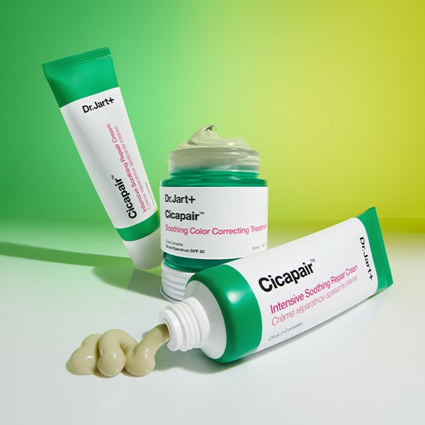 Cicapair collection is displayed on a green background showing the various textures of the color correcting treatment and cream