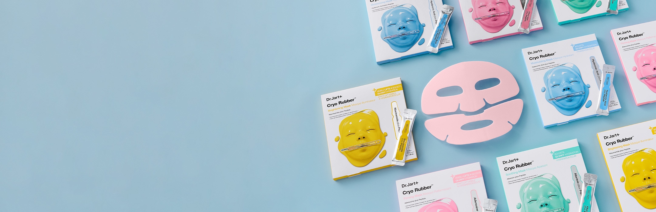 A variety of Dr.Jart+ skincare face masks are laid out on brightly colored background