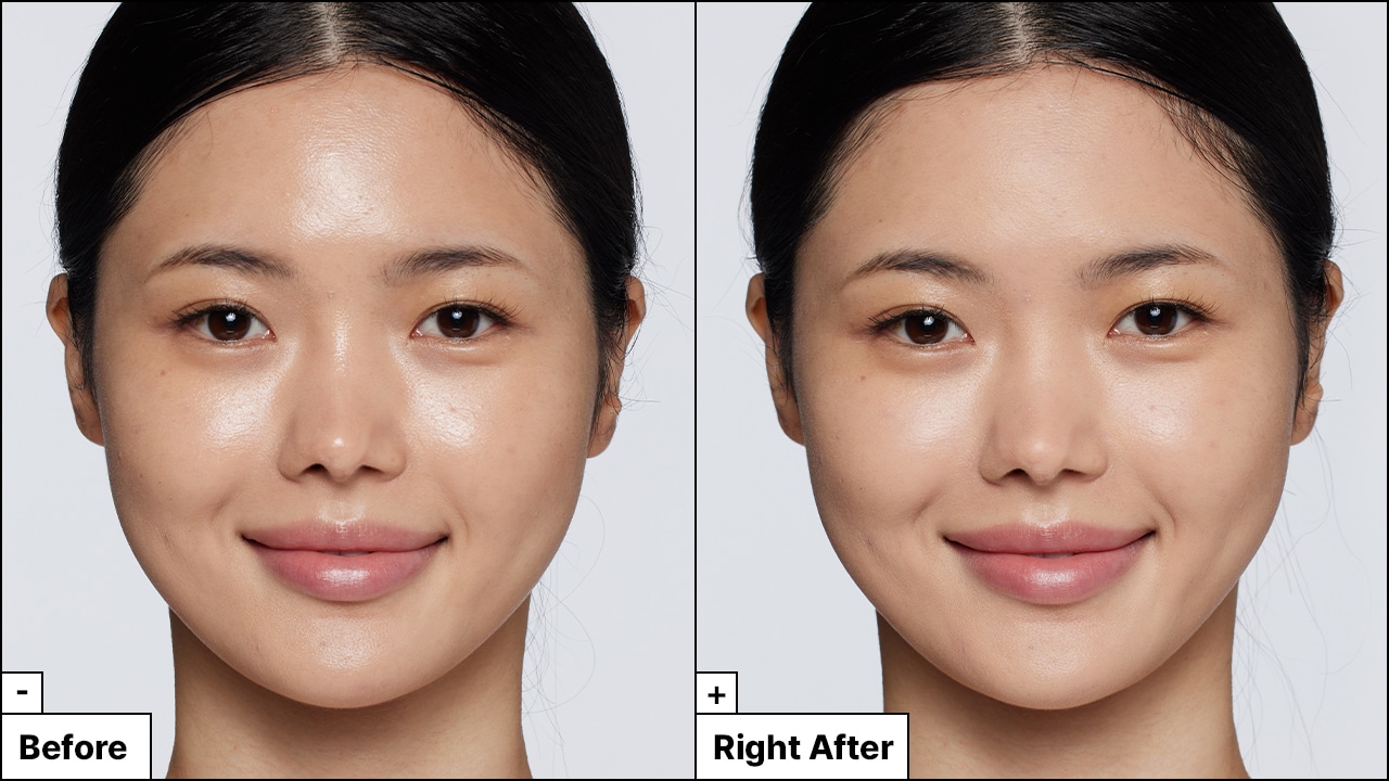 Before and after images show oily skin that is hydrating & matte.