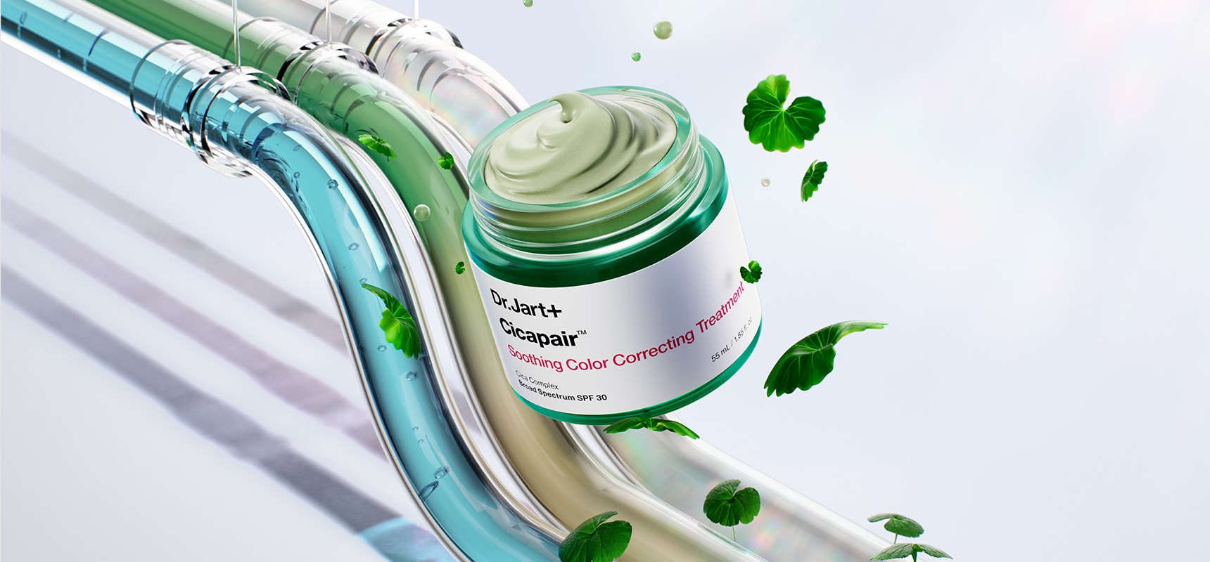 Many Cicapair Color Corrector Treatment jars are lined up and displayed with open caps revealing the smooth green cream