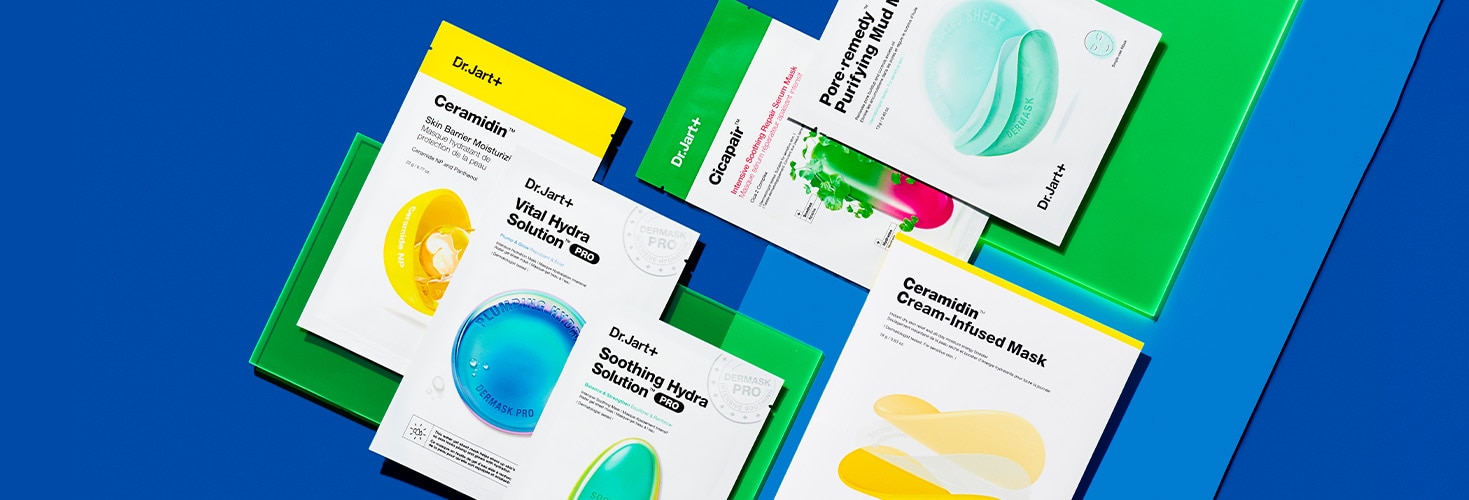 A variety of Dr.Jart+ skincare face masks are laid out on brightly colored background