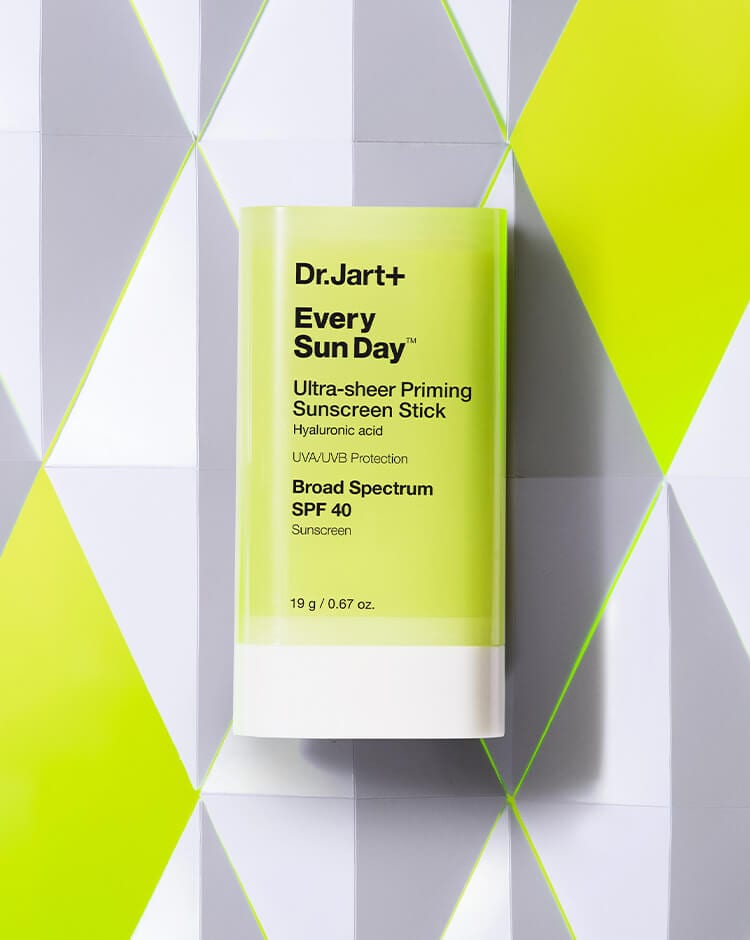 Sunscreen stick & Premium BB are shown in front of a texture image to explain how the sunscreen can be applied over makeup 