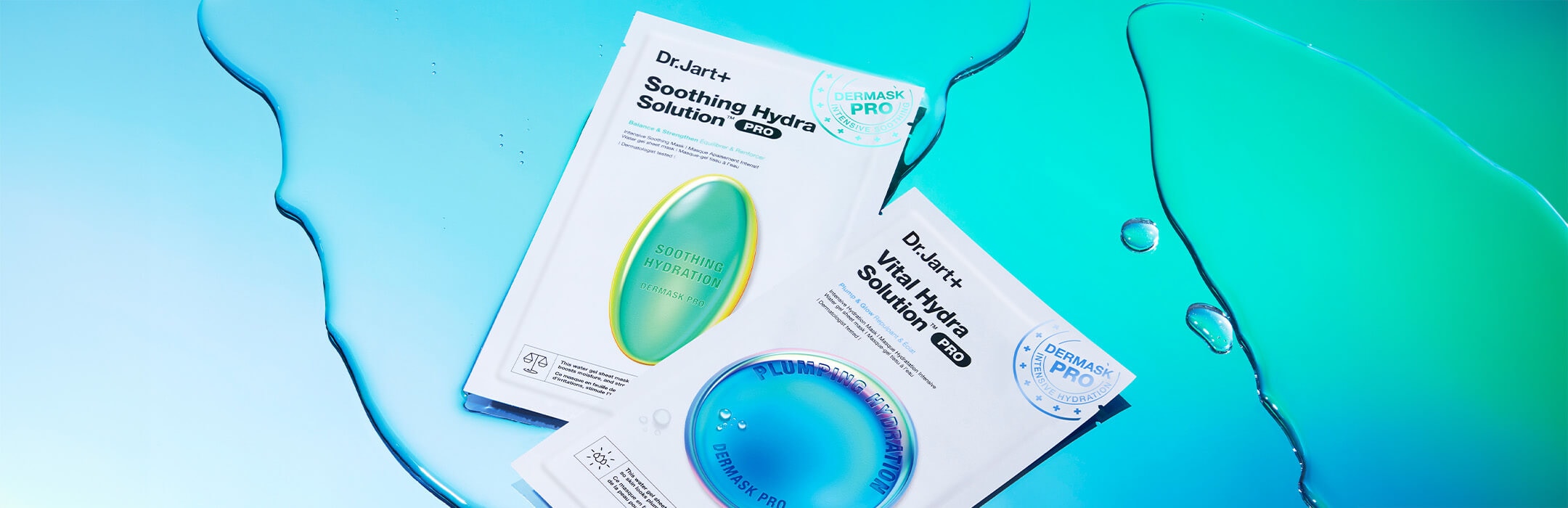 A variety of Dr.Jart+ skincare face masks are laid out on brightly colored background