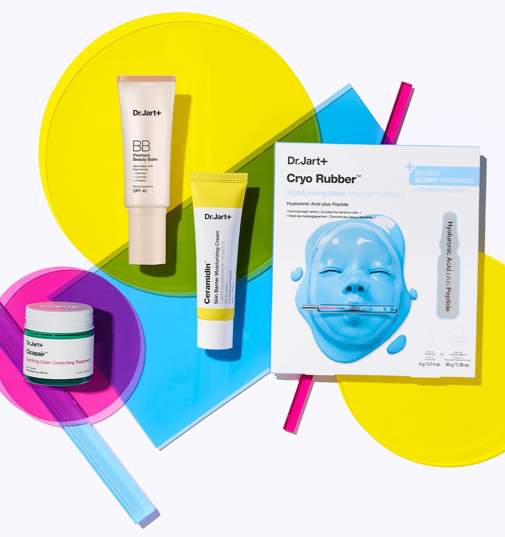 Dr jart bestsellers are displayed on a colorful background.