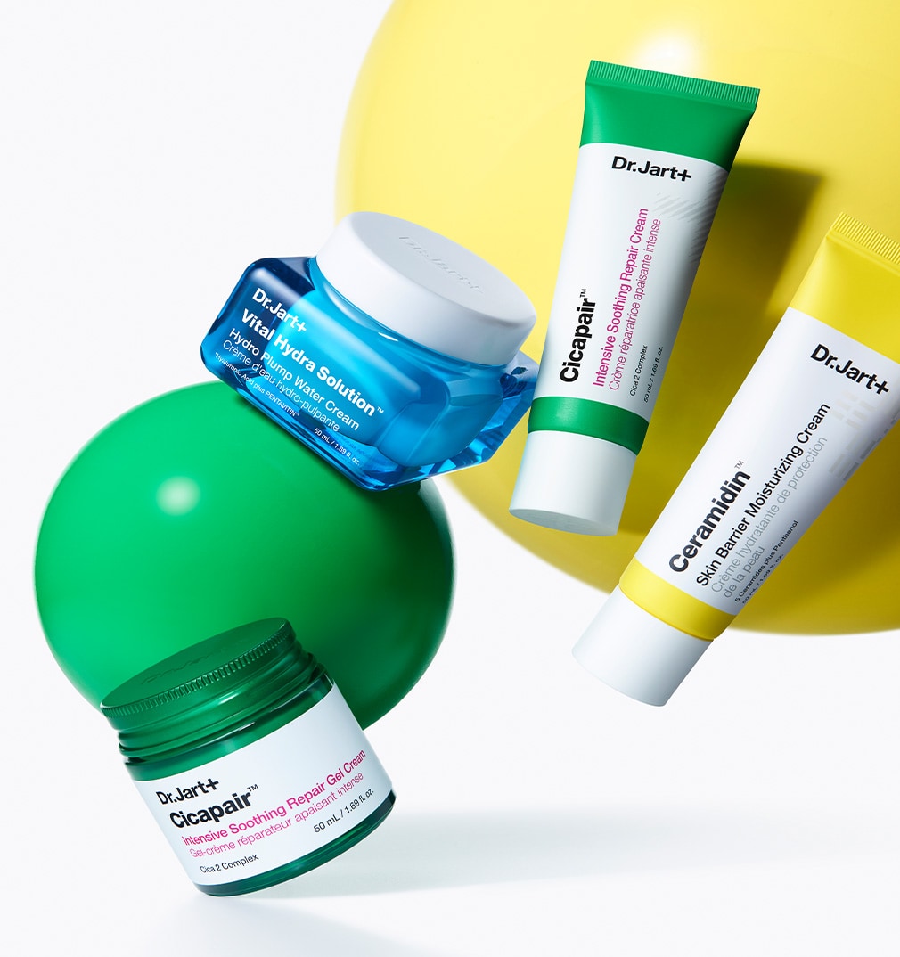 A variety of Dr.Jart+ skincare face masks are laid out on brightly colored background