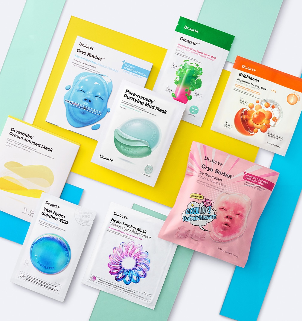 A variety of Dr.Jart+ Cryo Rubber & VHS face masks are assorted on a rack with blue background. 