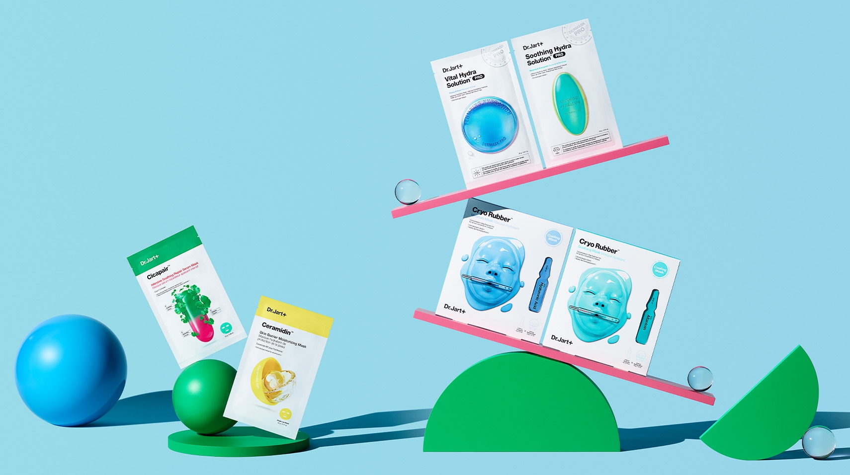 A variety of Dr.Jart+ Korean skincare face masks are laid out on brightly colored background, displayed on tilting shelves.