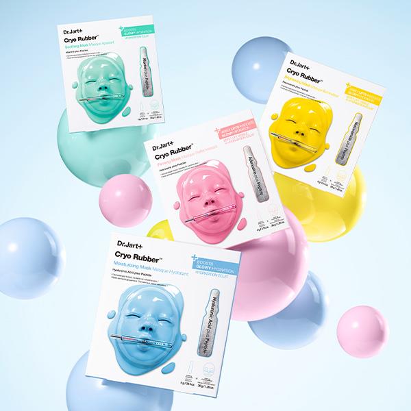 A variety of Dr.Jart+ skincare Cryo rubber face mask laid out on a light blue background