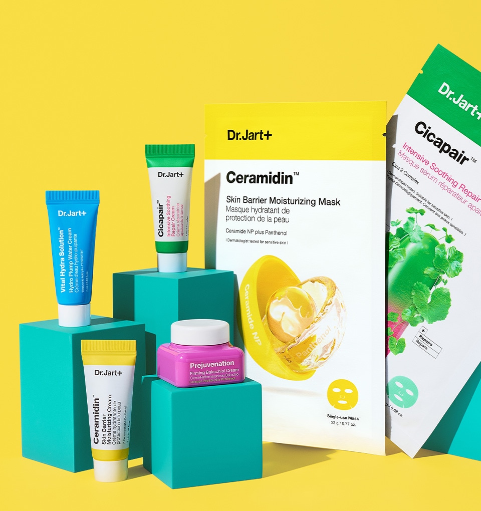  Dr.Jart+ face masks and mini samples are displayed on a yellow backdrop
