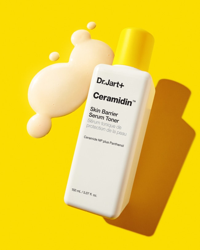 Ceramidin Serum Toner is displayed on a yellow background showing the products texture