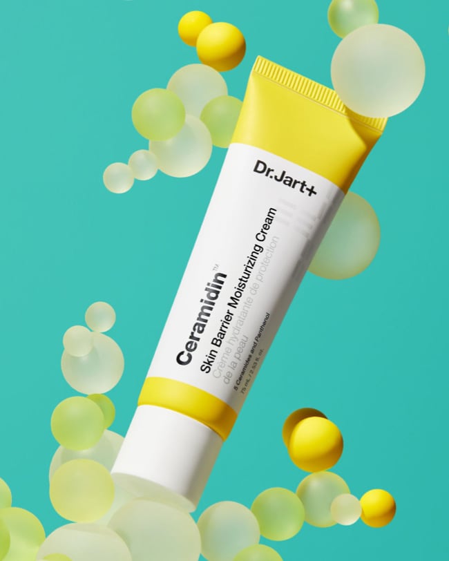 Ceramidin Moisturizer is shown floating amongst water droplets to depict hydration.
