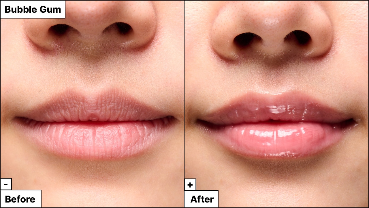 Close up image of model's lips shows impact of applying the lip mask, revealing hydrated, plump lips. 