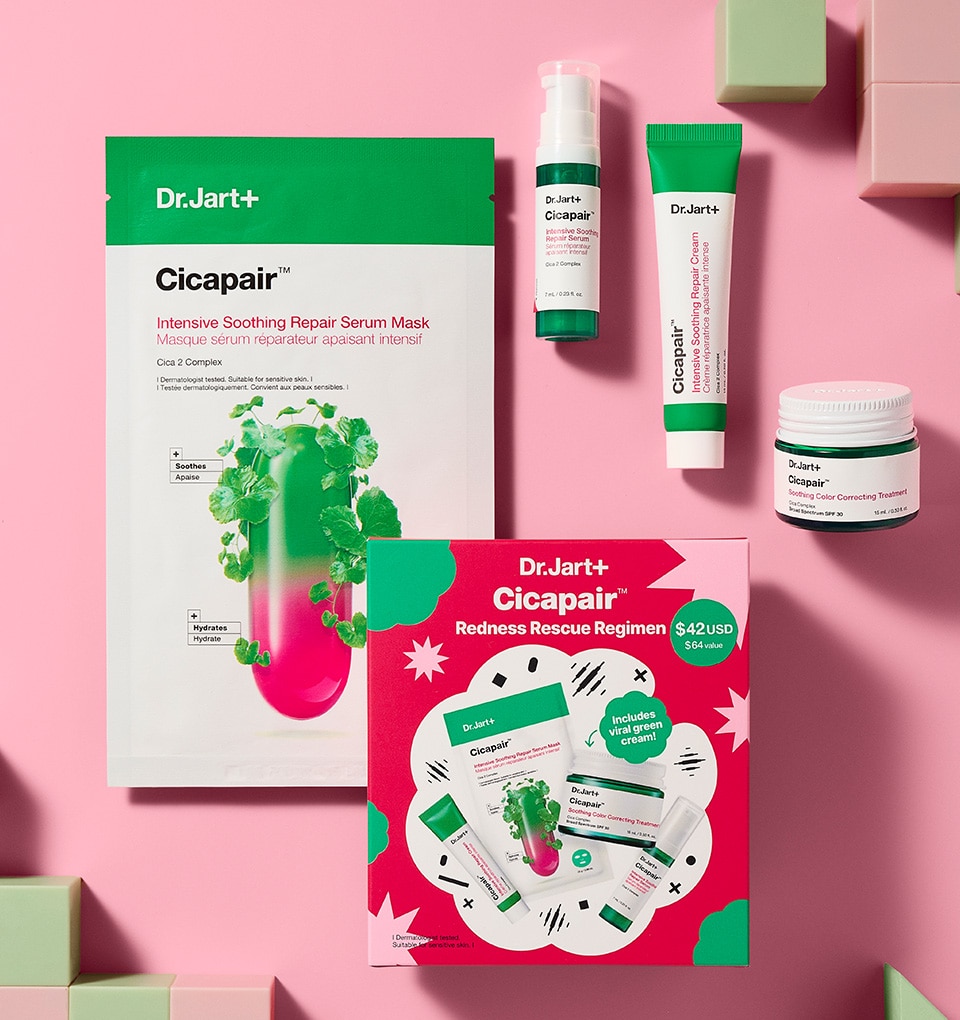 A korean skincare kit for redness & sensitive skin stand in front of a pink backdrop.