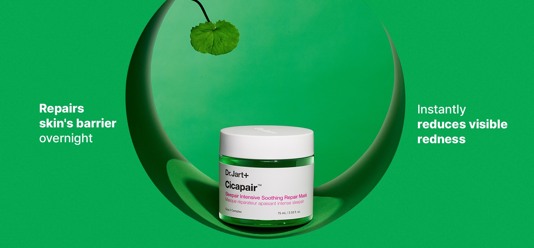Close up of Sleepair Mask jar. Repairs skin's barrier overnight. Instantly reduces visible redness.