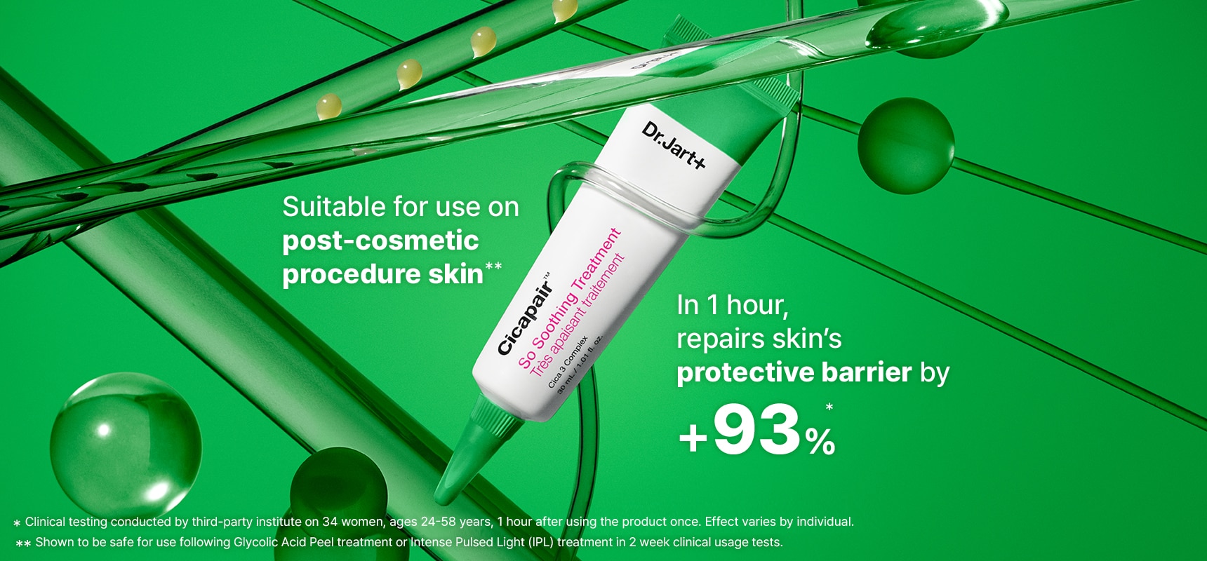 Magnified So Soothing tube featuring shades of green. For use post-cosmetic procedure. In one hour repair barrier by +93%.